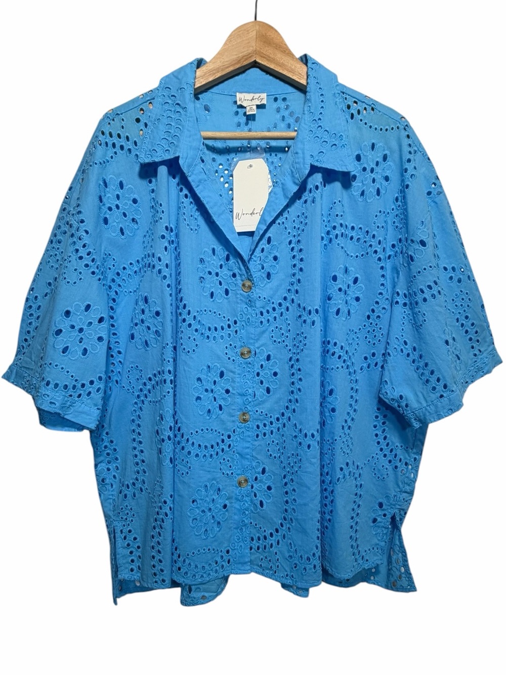 Wonderly Womens Blue Floral Eyelet Button Front Short Slv Shirt Size 3X Cotton